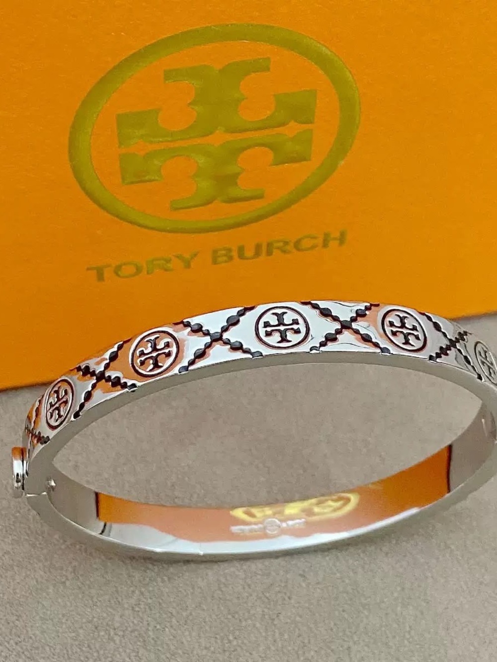 Tory Burch Silver and Black Line Monogram Logo Bangle Bracelet